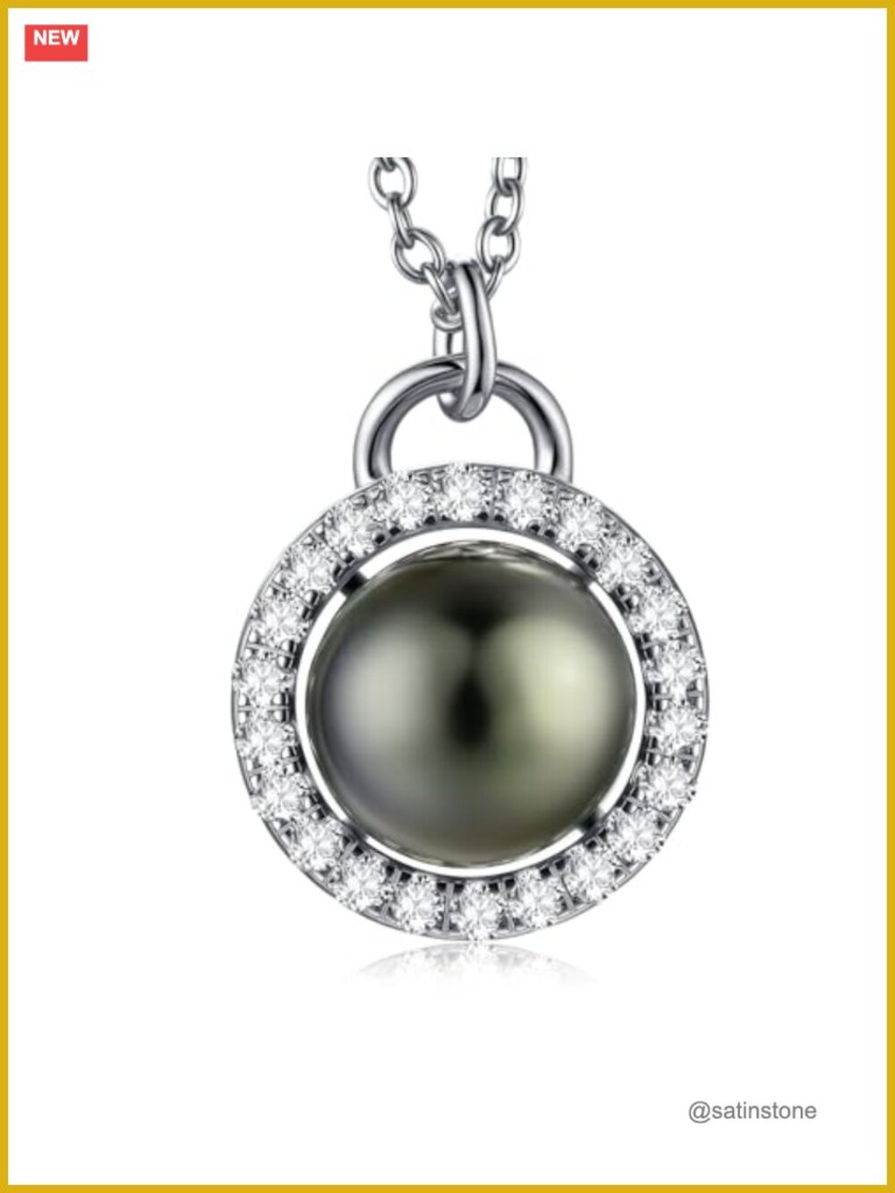 925 Sterling Silver Tahitian Black Pearl Pendant Necklace Moissanite Accents